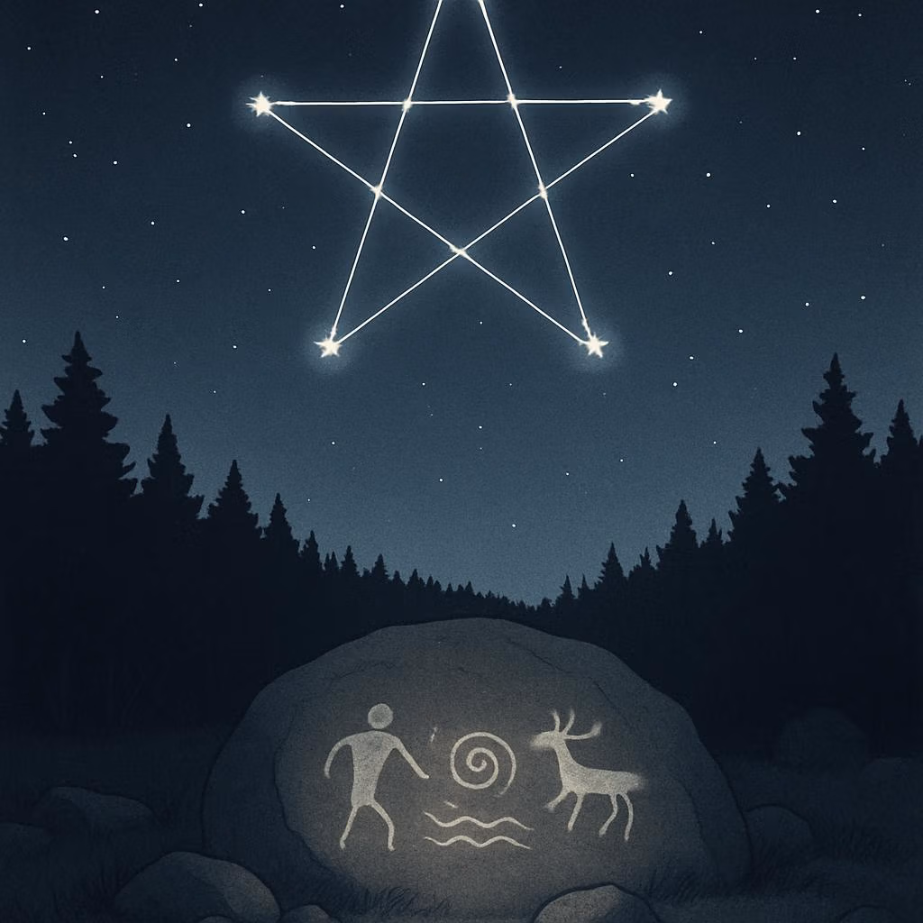 A night sky with a starry constellation, featuring a rock engraving below.